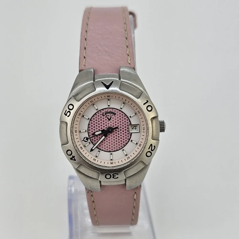 Callaway Golf Watch Women's 28MM Pink Dial Date Pink Leather Bands New Battery‎